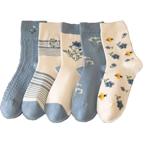 5 Pairs Socks Women Pack Japanese Blue White Patchwork Floral Stripe All-match Middle Tube Cotton Breathable Soft Simplicity