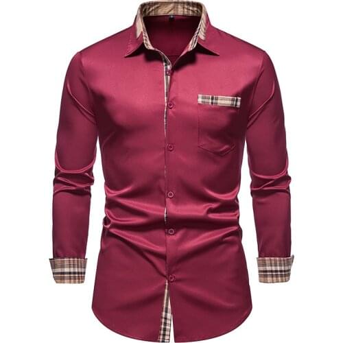 PARKLEES 2021 Autumn Plaid Patchwork Formal Shirts for Men Slim Long Sleeve Button Up Red Shirt Dress Business Office Camisas