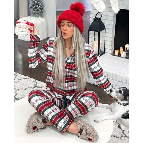 2020 Women Turn Down Collar Long Sleeve Christmas Plaid Print Casual Pajamas Set Xmas Comfy Red Autumn Winter Pajama Suits Women