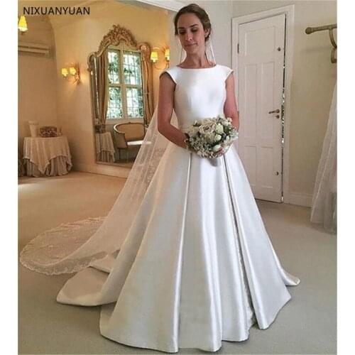 Scoop A-Line Satin Wedding Dresses Hand Made Open Back Ivory Satin Bridal Dresses Court Train Backless Bow Accessory
