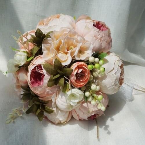 Retro Rustic Style Bride Bridesmaid Bouquets Artificial Peony Fake Rose Wedding Holding Flower Long Ribbon Lace Party Decoration