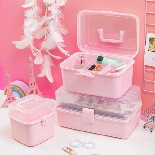 Pink Transparent Plastic Box Foldable Childrens Hair Accessory Box Desktop 3 Layer Storage Box Cosmetics Jewelry Nail Box