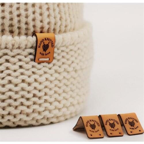 Folding Leather Label Pack - Hand knitted with love - O5 - Genuine italian crochet labels and sewing labels