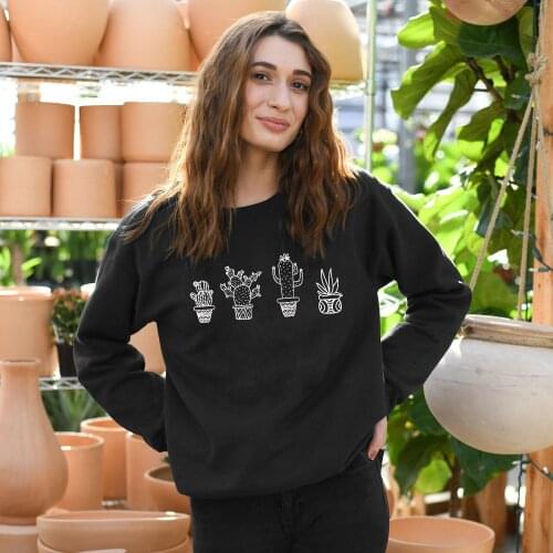 Cute Cactus Plants 100% Cotton Sweatshirt Funny Crazy Plant Lady Graphic Pullovers Women Long Sleeve Gardening Vegan Sweatshirts