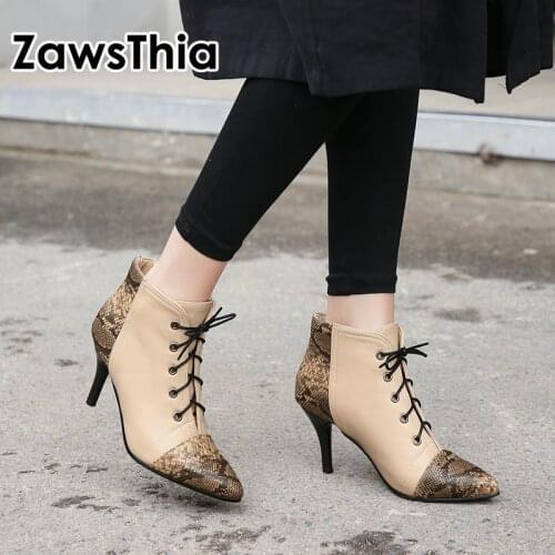 ZawsThia 2020 winter PU leather red sexy thin high heel boots lace up serpent skin print woman stilettos booties fashion shoes