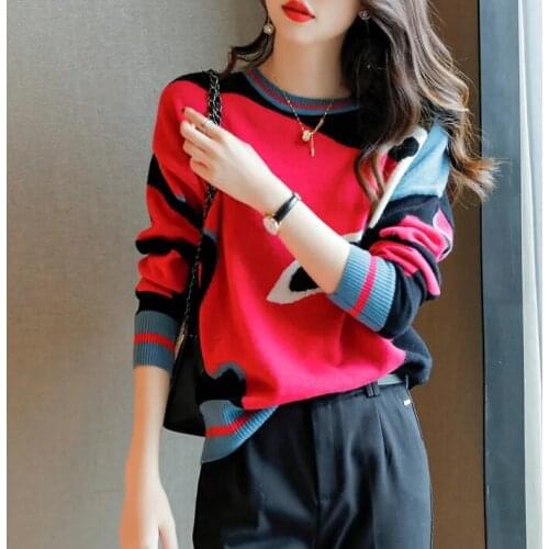 Loose color matching wool knit bottoming shirt womens 2021 autumn and winter new fashion contrast color sweater
