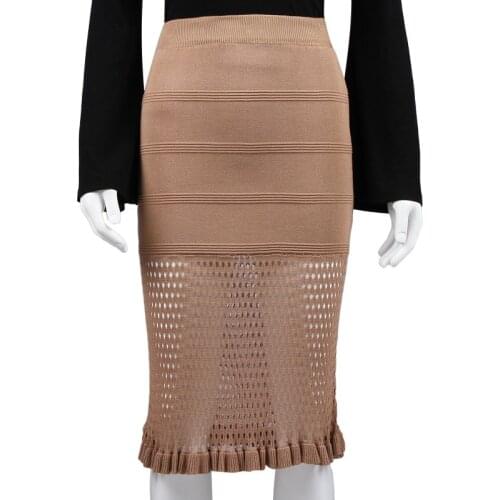 High Waist Pencil Skirts Women Autumn Winter Ruffled Vintage Knitted Skirt Hollow Out Crochet Women Skirts Faldas Jupe Femme