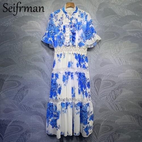 Seifrmann New 2021 Summer Women Fashion Designer Long Dress Flare Sleeve Crystal Ruffles Printed Ladies A-Line Dresses Vestidos