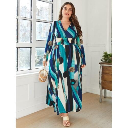 2021 Spring Autumn Women V Neck Long Sleeve Casual Dress Plus Size 5XL Female Striped Print High Waist Maxi Long Dresses