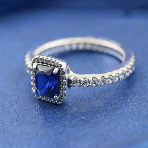 100% 925 Sterling Silver Pan Ring Blue Square Personalized Creative Ring For Women Wedding Party Gift Fashion Jewelry