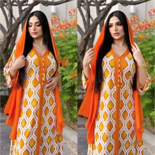 Summer New Arrival Arabic Long Sleeve Dress Ramadan Orange Abayas Islam Veiled Women Clothes Muslim Fashion Robe Jalabiya Caftan
