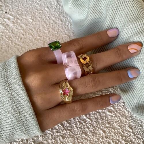 4pcs/set Vintage Trendy Irregular Resin Acrylic Metal Geometric Rings Set Fashion Colourful Statement Rings For Women Jewelry