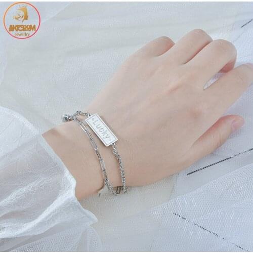 Akizoom New Fashion Double Layer Lucky Diamond Pentagram Bracelet Stainless Steel for Women Korean Charm Party Jewelry Gift
