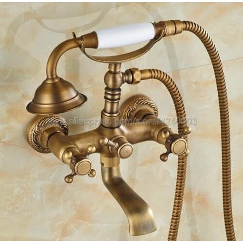 Antique Brass Wall Mounted Bathtub Mixer Faucet Double Handle Tub Water Taps With Ceramic Handshower Ktf122