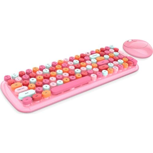 Wireless Keyboard Mouse Kit Girl Gift Retro Vintage Punk Multicolor Round Full Size 100 Keys Cute Pink Blue Green For PC Laptop