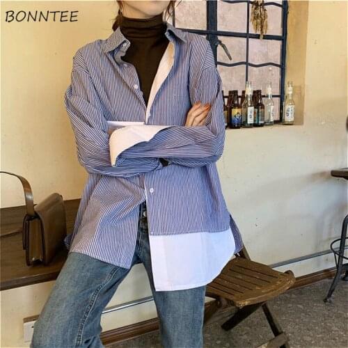 Blouses Women Fake Two Pieces Asymmetrical Clothes Patchwork Aesthetic Casual Fall Lady 2020 Design All-match Long Sleeve Shirts