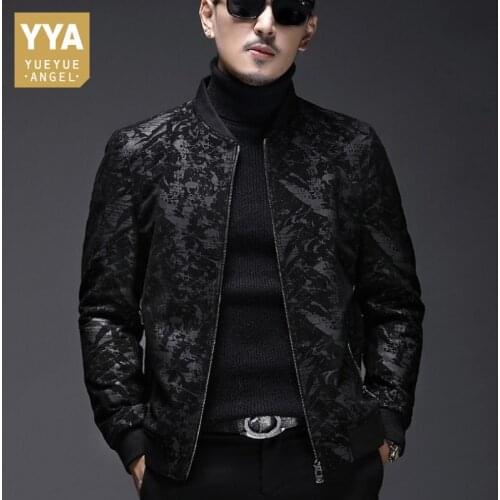 Top Brand Mens Slim Fit Floral Printed Genuine Leather Bomber Jacket Business Man Casual Stand Collar Luxury Sheepskin Coat 4XL