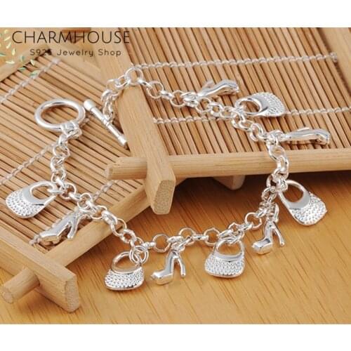 Charmhouse Solid 925 Charm Bracelets for Women Shoes Bag Charms Link Bracelet Bangles Wristand Pulseira Wedding Bridal Jewelry