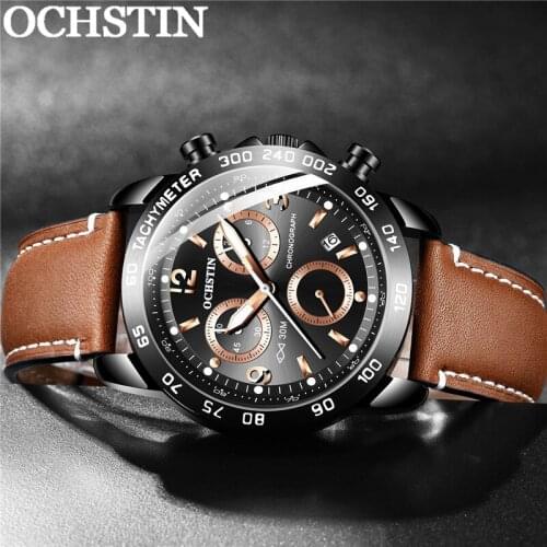 OCHSTIN Man WristWatch Chronograph Auto Date Sport Men Watch Military Top Brand Luxury Coffee Genuine Leather Male Clock 6123
