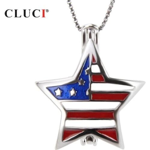 CLUCI 925 Sterling Silver American Independence Day Pendant Women Jewelry USA Flag Star Shape Pendant Pearl Locket SC284SB