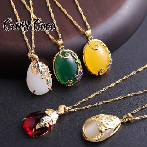 Cring Coco Water Drop Pendant Neckalces Woman Acrylic Opal Jewelry Chinese Style Green Good Luck Happiness Necklace for Women