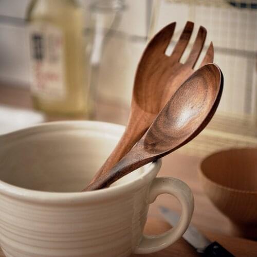 Wooden Fork Spoon Set Eco-Friendly Natural No Paint Teakwood Long Handle Salad Mixing Spoon Icecream Scoop Creative Tableware