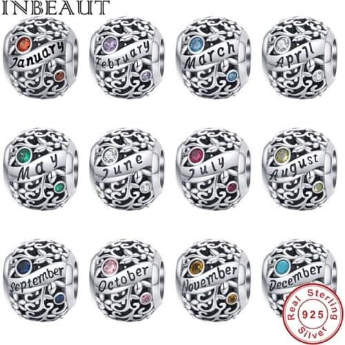 INBEAUT Original Birth Charms fit Brand Bracelet 925 Sterling Silver Birthday Stone Beads Month Date Letter Pendant Jewelry