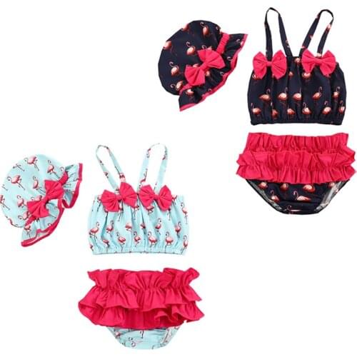 6M-24M Baby Girls 3 Piece Swimsuit Flamingo Printed Sling Bow Camisole Ruffled Hipster Infants Swimming Hat