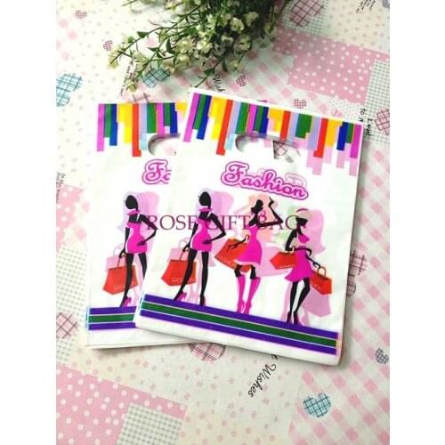 Hot Sale 100pcs/lot Colorful Ladies Print Plastic Gift Bag 15X20CM Boutique Jewelry Packaging Plastic Shopping Bags With Handle