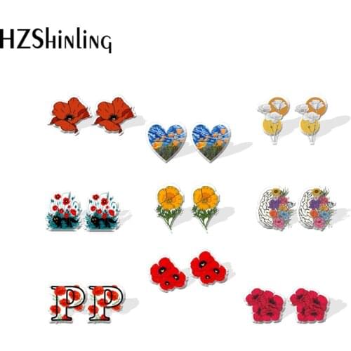 2021 New Poppies Stud Earring Flowers Art Acrylic Resin Earrings Epoxy Handmade Jewelry Gifts Girl