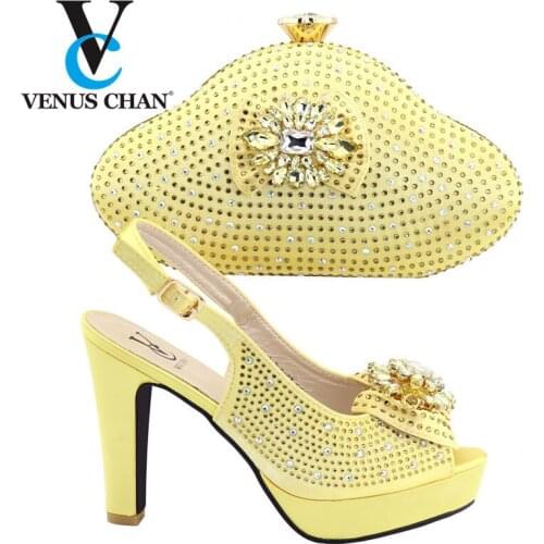 Nigerian Sexy Style Shoes with Matching Bag for Wedding African Golden 2020 Shoes and Matching Bag with Shinning Crystal