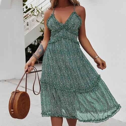 Women Dress Chiffon Summer Sexy Floral Print V Neck Spaghetti Strap Boho Girl Ruffles Sweet Female Dresses Beach