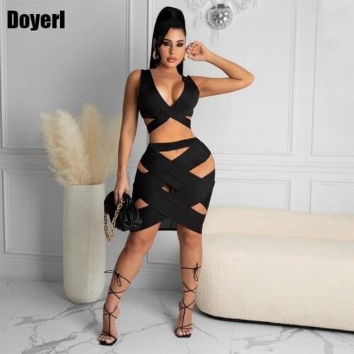 Party Club Sexy 2 Piece Sets Womens Outfits Summer Festival Clothing Bodycon Two Piece Hollow Out Crop Top and Mini Skirts Sets