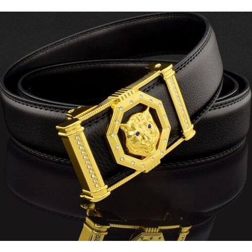 Hot sale high quality luxury leopard buckle blue belt mens automatic buckle black leather cehomture homme casual trousers men