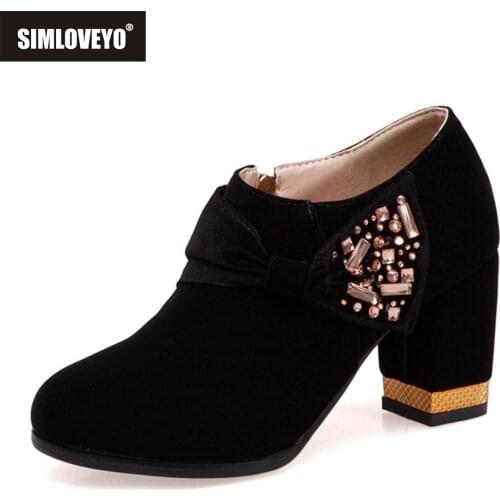 SIMLOVEYO High womens boots Ankle boots Round toe Bowtie Rhinestone Zipper 2022 Spring Autumn Flock Comfortable Simple S2411