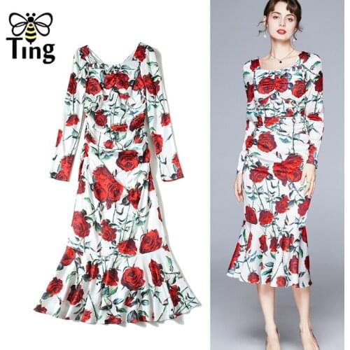 Tingfly Vintage Elegant Rose Flower Print Mermaid Party Dinner Night Dresses Retro Chic Curve Fitness Dress Elbise Zafual Robes