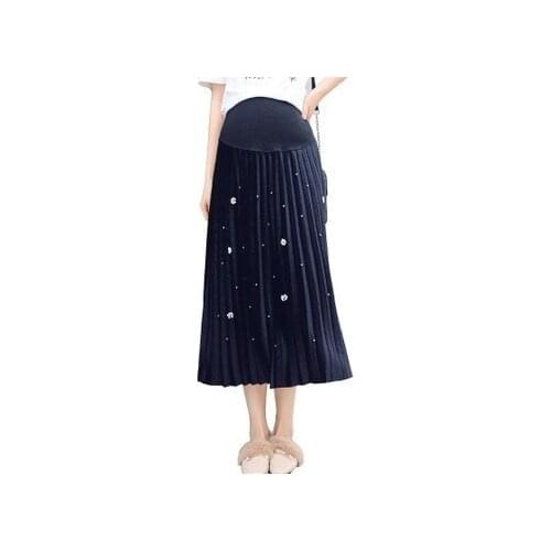 Maternity Skirt Fashion New Autumn Winter Bead A-Line Pleated Skirt For Pregnant Women Plus Size High Waist Pregnancy Skirts