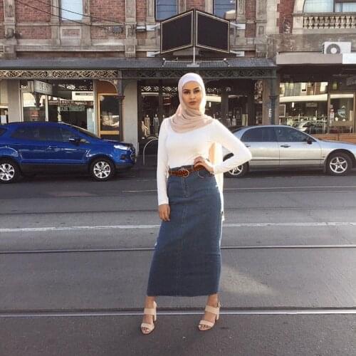 Muslim High Waist Denim Skirt Long Stretch Islamic Denim Skirts Womens Musulmane Femme Abayas Dubai Turkey Arabic Maxi Skirts
