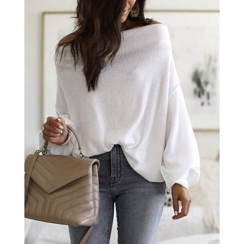 2020 Women Elegant Fashion Solid Casual Top Female Work Wear Office Basic Top Off Shoulder Lantern Sleeve Ribbed Blouse