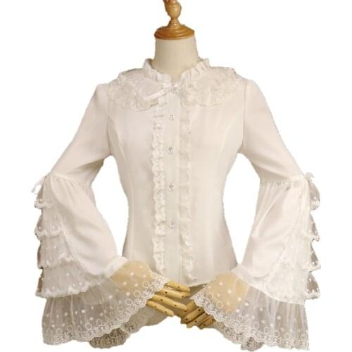2020 Plus size Women clothing Spring Lolita Flare Sleeve lace chiffon blouse Women Shirt