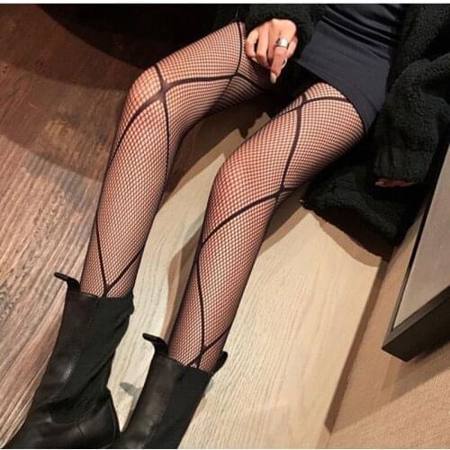 Women Punk Goth Sexy Black Printed Fishnet Tights Transparent Pantyhose Party Club Dark Academia Silk Hollow Out Stockings