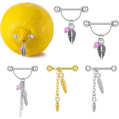 Nipple Piercing Stainless Steel AB diamond leaf pendant Nipple ring Straight Piercing Barbell for Women wholesale body jewelry