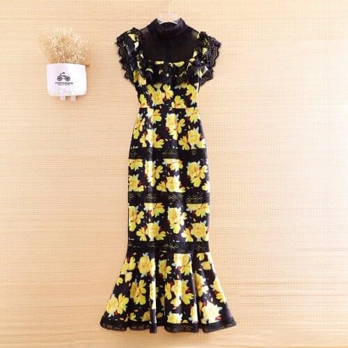 High-end Summer 2020 Women Print Lace Dress O-neck A-line Slim Elgant Lady Floral Party Mermaid Dress S-XL