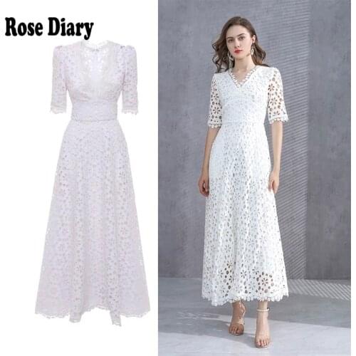 RoseDiary Elegant White Maxi Dress For Women V Neck Half Sleeve High Quality Hollow Out Slim Dresses Women Style Fashion CHIC