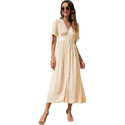 2021 Summer New Fashion V-neck High Waist Cuff Bandage Dress Solid Color