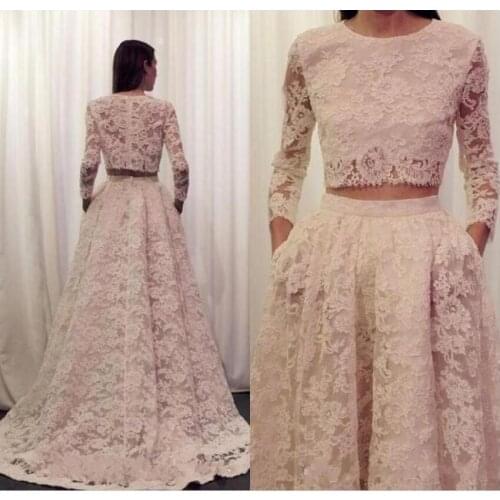 Vestidos de novia 2020 Vintage Lace Arabic Two 2 Piece wedding Dress With Pocket Long Sleeve Scoop Zipper Back wedding gown
