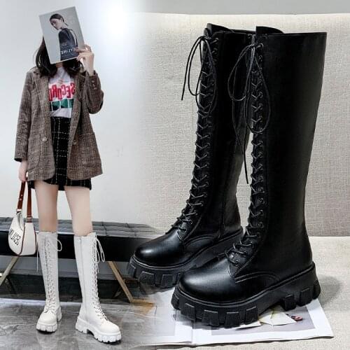 Winter Over The Knee Boots Womens Black Gothic Shoes Zipper Lace Boots Square Heel Leather Knee High Boots Womens White Combat