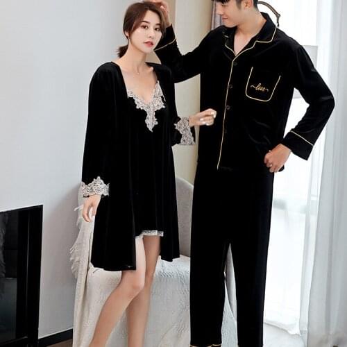 Gold Velvet Couple Sexy Velour Women Robe Sets Men Top Trousers Pajama Suit Pyjamas Wedding Morning Gown Home Service