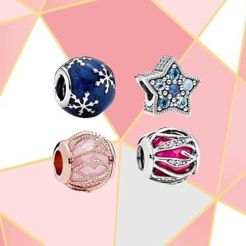 2021 Hochwertiges Sterlingsilber Blauer Schneeflocke Charme Hellblauer Sternarmband Rosa Runde Perlen Weibliche Mode All Match