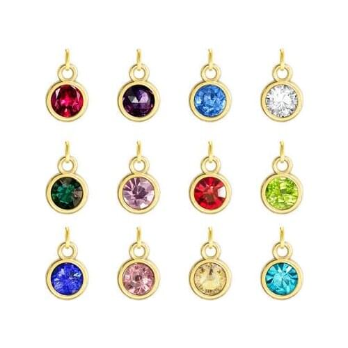 24PCS/lot Bling Gold Color Birthstone Hang Pendant Charms With Open Ring Fit For Diy Floating Locket Charms Keychain